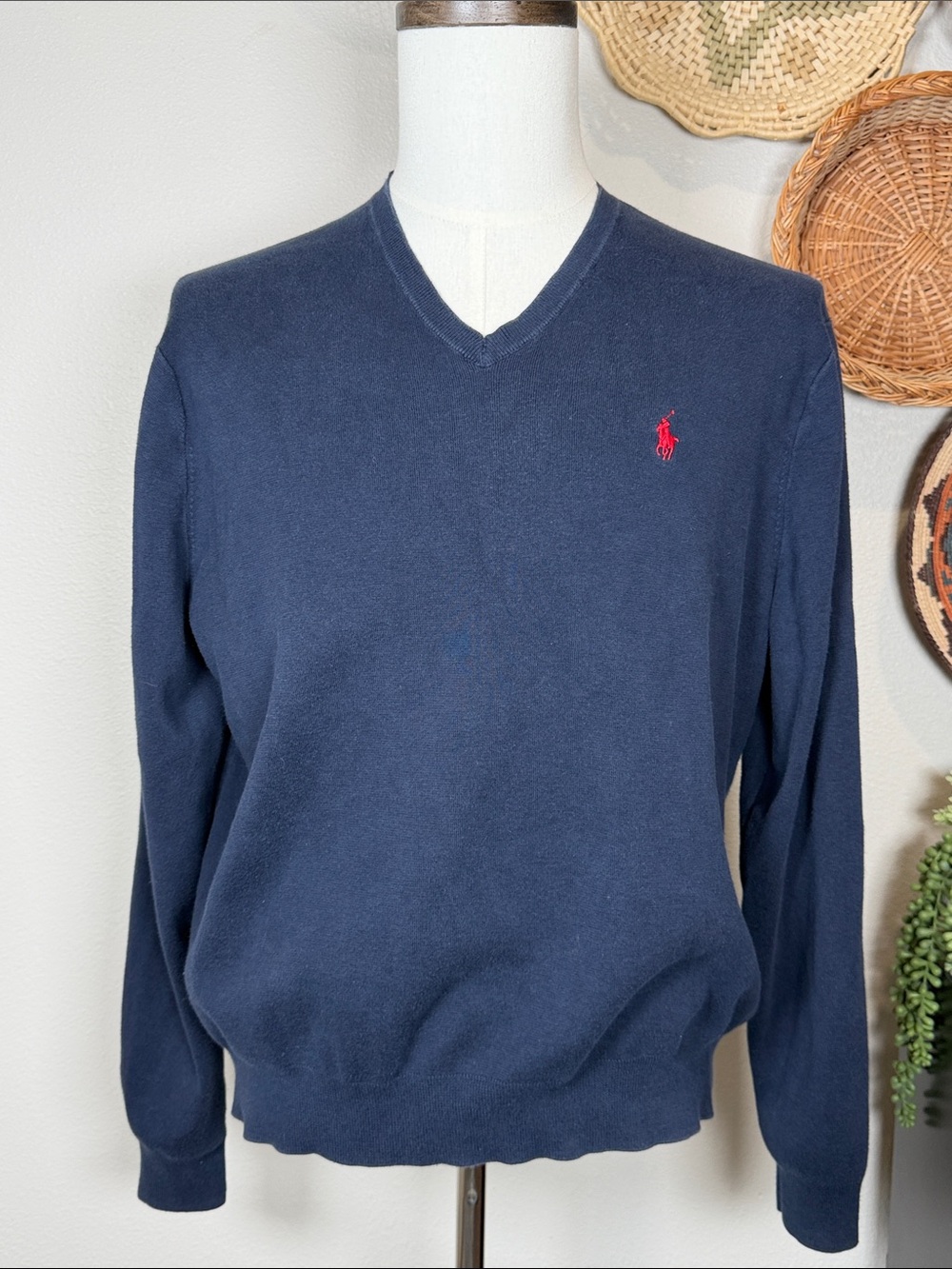 Polo Ralph Lauren Men's V-Neck Pima Cotton Sweater Blue Red Pony Size XXL